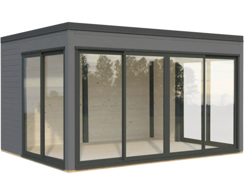 Graues Gartenhaus mit Glasschiebetüren