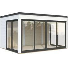 Modernes Gartenhaus mit Schiebetüren aus Glas