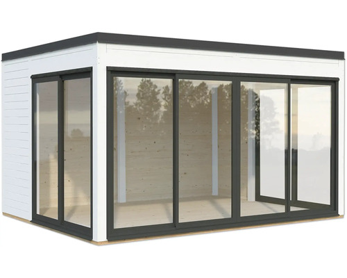 Modernes Gartenhaus mit Schiebetüren aus Glas