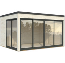 Modernes Gartenhaus mit Schiebetüren aus Glas