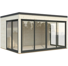 Gartenhaus aus Holz mit Glasschiebetüren