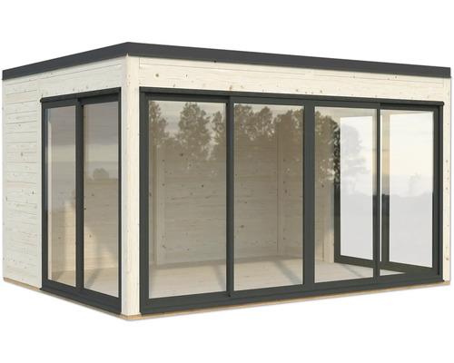 Gartenhaus aus Holz mit Glasschiebetüren