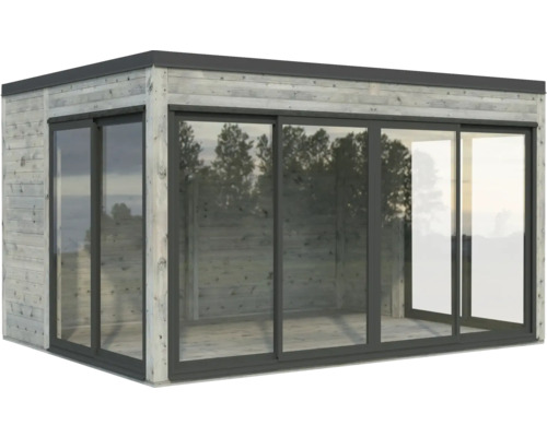 Gartenhaus aus Holz mit Glasschiebetüren