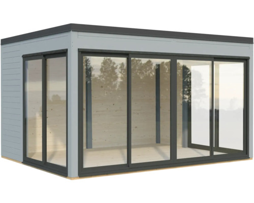 Modernes Gartenhaus mit Schiebetüren und großen Fensterfronten für viel Tageslicht