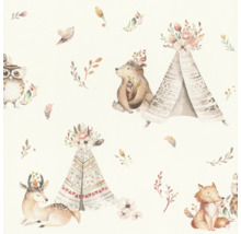 Tapete mit Tiermotiven, darunter Bären, Füchse, Hirsche, Eulen und Tipis