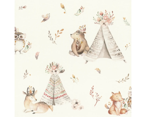 Tapete mit Tiermotiven, darunter Bären, Füchse, Hirsche, Eulen und Tipis