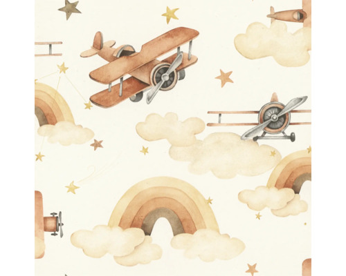 Illustration mit Flugzeugen, Sternen, Wolken und Regenbögen