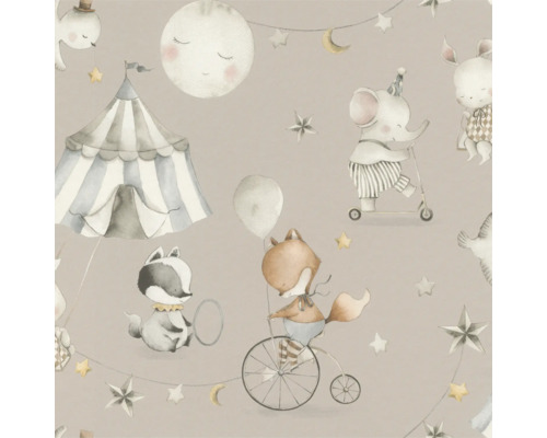 Illustration mit Zirkusmotiven und Tieren wie Elefant, Fuchs und Waschbär