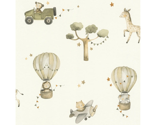 Tapete mit Tiermotiven, Heißluftballons und Fahrzeugen für Kinderzimmer