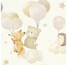 Illustration von Fuchs, Bär und Igel, die an Ballons und Wolken hängen