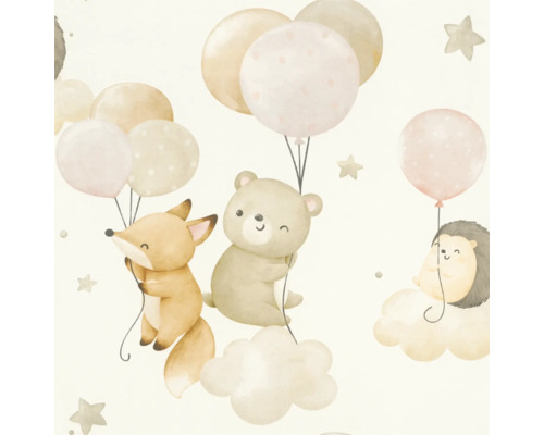 Illustration von Fuchs, Bär und Igel, die an Ballons und Wolken hängen