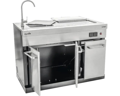 Spültisch aus Edelstahl mit Wasserhahn und Stauraum