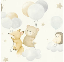 Illustration eines Fuchses, Bären und Igels, die an Ballons und Wolken hängen