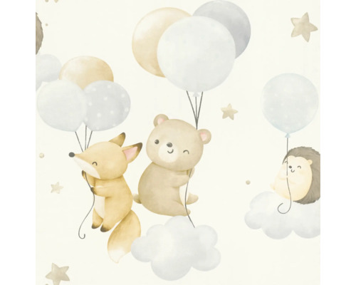 Illustration eines Fuchses, Bären und Igels, die an Ballons und Wolken hängen
