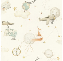 Tapete mit Illustrationen von Globus, Teleskop, Flugzeug, Fuchs und Sternen