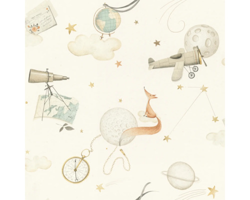 Tapete mit Illustrationen von Globus, Teleskop, Flugzeug, Fuchs und Sternen