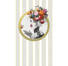Dekoratives Wandpaneel mit floralem Frauenmotiv in einem goldenen Kreis auf gestreiftem Hintergrund