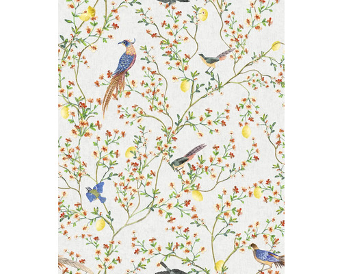 Tapete mit floralem Muster, Ästen, Zitronen und Vogelmotiven