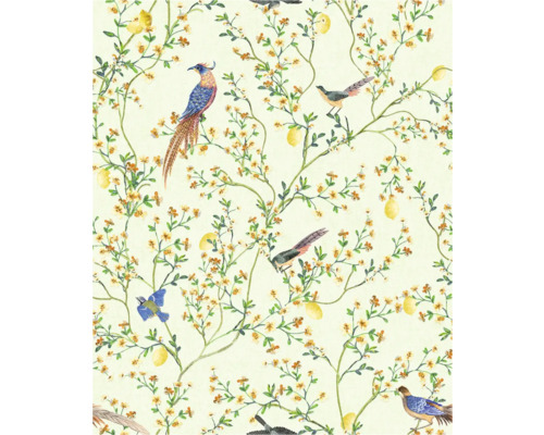 Tapete mit Vogel-, Blumen- und Zitronenmuster