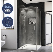 Elegantes Badezimmer mit Duschkabine, Armaturen und Ablagefach