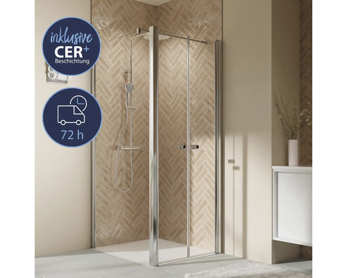 Seitenwand für Pendeltür BREUER Elana 2.0 Express Q72 90 x 200 cm Profil silber Klarglas schmutzabweisende Glasbeschichtung Seitenwandanschlag links Duschkabine mit CER Plus Beschichtung und Lieferzeit von 72 Stunden