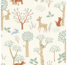 Tapete mit Waldmotiven, inklusive Bäumen, Hirschen, Hasen und Füchsen