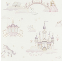Tapete mit Märchenmotiven wie Schloss, Kutsche, Einhorn und Prinzessin.