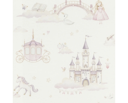 Tapete mit Märchenmotiven wie Schloss, Kutsche, Einhorn und Prinzessin.