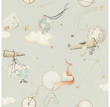 Tapete mit Globus, Flugzeug, Mond, Sternen und Fuchsmotiv