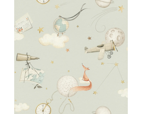 Tapete mit Globus, Flugzeug, Mond, Sternen und Fuchsmotiv
