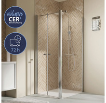 Eckdusche mit Drehtür und CER+ Beschichtung im Badezimmer