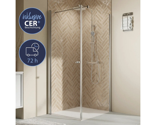 Seitenwand für Drehtür BREUER Elana 2.0 Express Q72 90 x 200 cm Profil silber Klarglas schmutzabweisende Glasbeschichtung Seitenwandanschlag rechts Eckdusche mit Brausegarnitur und Handtuchhalter
