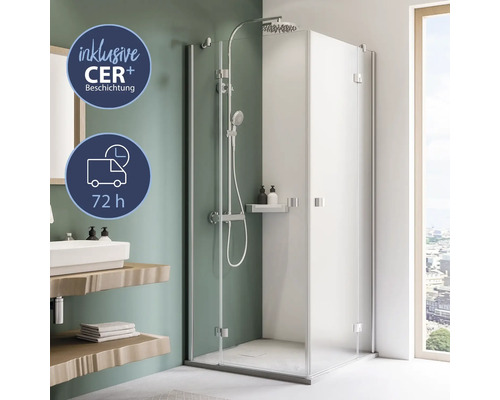 Eckeinstieg mit Drehtür mit Festteil BREUER Espira Express Q72 90 x 90 x 195 cm Profil silber matt Klarglas schmutzabweisende Glasbeschichtung Reversibel Eckdusche mit Duscharmatur und CER+ Beschichtung