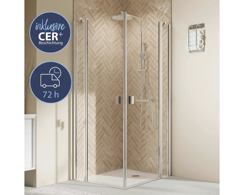 Eckeinstieg mit Drehtür mit Festteil BREUER Elana 2.0 Express Q72 Profil eckig 100 x 100 x 200 cm Profil silber matt Klarglas schmutzabweisende Glasbeschichtung Reversibel Eckdusche mit CER plus Beschichtung und 72 Stunden Lieferzeit im Badezimmer