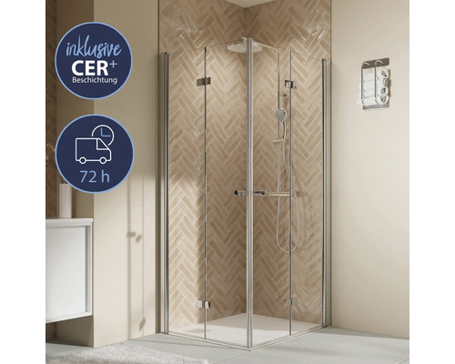 Eckeinstieg mit Drehfalttür BREUER Elana 2.0 Express Q72 100 x 100 x 200 cm Profil silber Klarglas schmutzabweisende Glasbeschichtung Puffergriff Eckdusche mit Tür und Handtuchhalter im Badezimmer