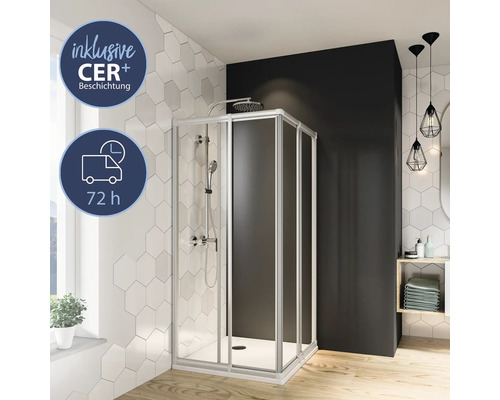 Eckeinstieg Schiebetür BREUER Fara 4 Express Q72 80-90 cm Höhe 185 cm Kunstglas Perle Profilfarbe silber matt Eckdusche mit CER Plus Beschichtung in einem Badezimmer mit Wandfliesen in Sechseckform.