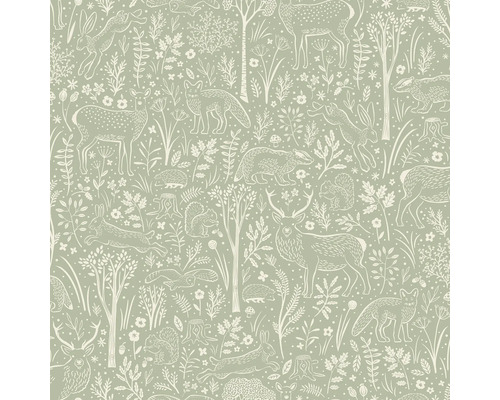 Tapete mit Waldtier-Motiven wie Hirsch, Hase, Fuchs, Dachs, Eichhörnchen und Igel