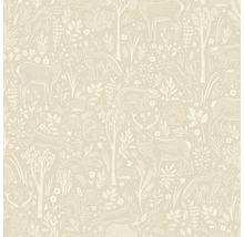 Tapete mit Waldtiermotiv, inklusive Hirschen, Füchsen, Hasen, Eichhörnchen und Bäumen.