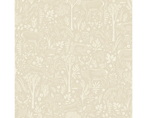 Tapete mit Waldtiermotiv, inklusive Hirschen, Füchsen, Hasen, Eichhörnchen und Bäumen.