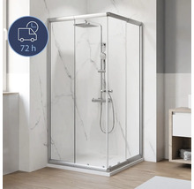 Eckdusche mit Schiebetür und Duscharmatur im Badezimmer