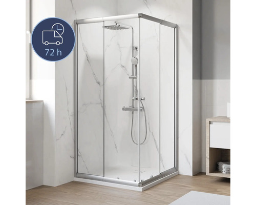 Eckeinstieg mit Schiebetür BREUER Ektos Express Q72 80-90 x 180 cm Klarglas Profilfarbe silber 1303001001032 Eckdusche mit Schiebetür und Duscharmatur im Badezimmer