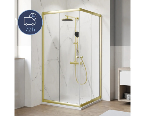 Eckeinstieg mit Gleittür/Schiebetür BREUER Ektos 80 - 90 cm Profil gold matt Klarglas Reversibel Eckdusche mit Duscharmatur und Lieferzeit-Symbol