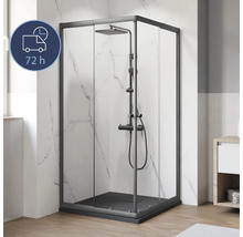 Eckdusche mit schwarzem Rahmen und Duschsystem im Badezimmer