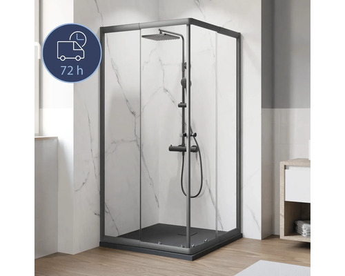 Eckeinstieg mit Gleittür/Schiebetür BREUER Ektos 80 - 90 cm Profil schwarz matt Klarglas Reversibel Eckdusche mit schwarzem Rahmen und Duschsystem im Badezimmer