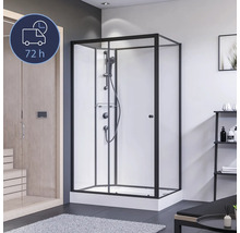 Duschkabine mit schwarzem Rahmen und Duschsystem im modernen Badezimmer