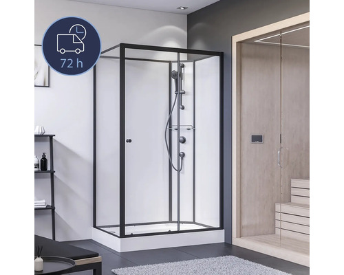 Duschkabine mit schwarzem Rahmen und Duschsystem im Badezimmer