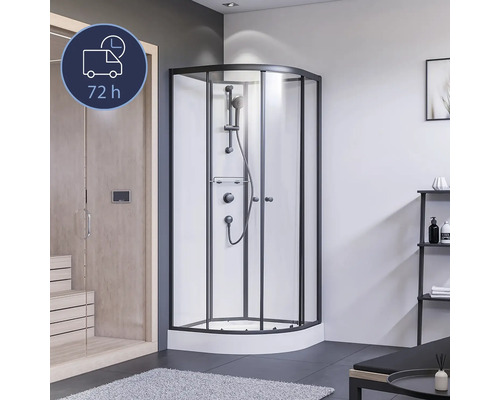 Komplettdusche BREUER BR200 90 x 90 x 204 cm schwarz Eckdusche mit Duschsystem in einem hellen Badezimmer.