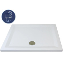 Weiße Duschwanne mit Ablaufgarnitur und 72 Stunden Lieferzeit-Symbol