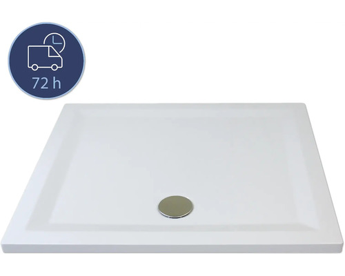 Weiße Duschwanne mit Ablaufgarnitur und 72 Stunden Lieferzeit-Symbol