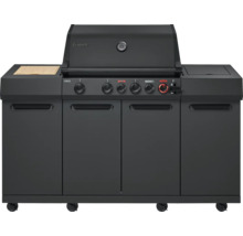 Schwarzer Gasgrill mit Schrank und Rollen für den Außenbereich.